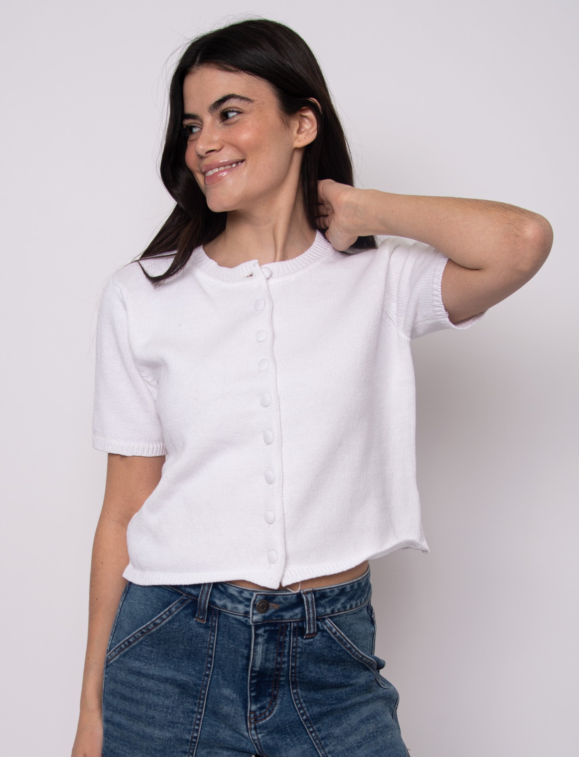 button front cardigan women, lightweight white sweater, chic white cardigan