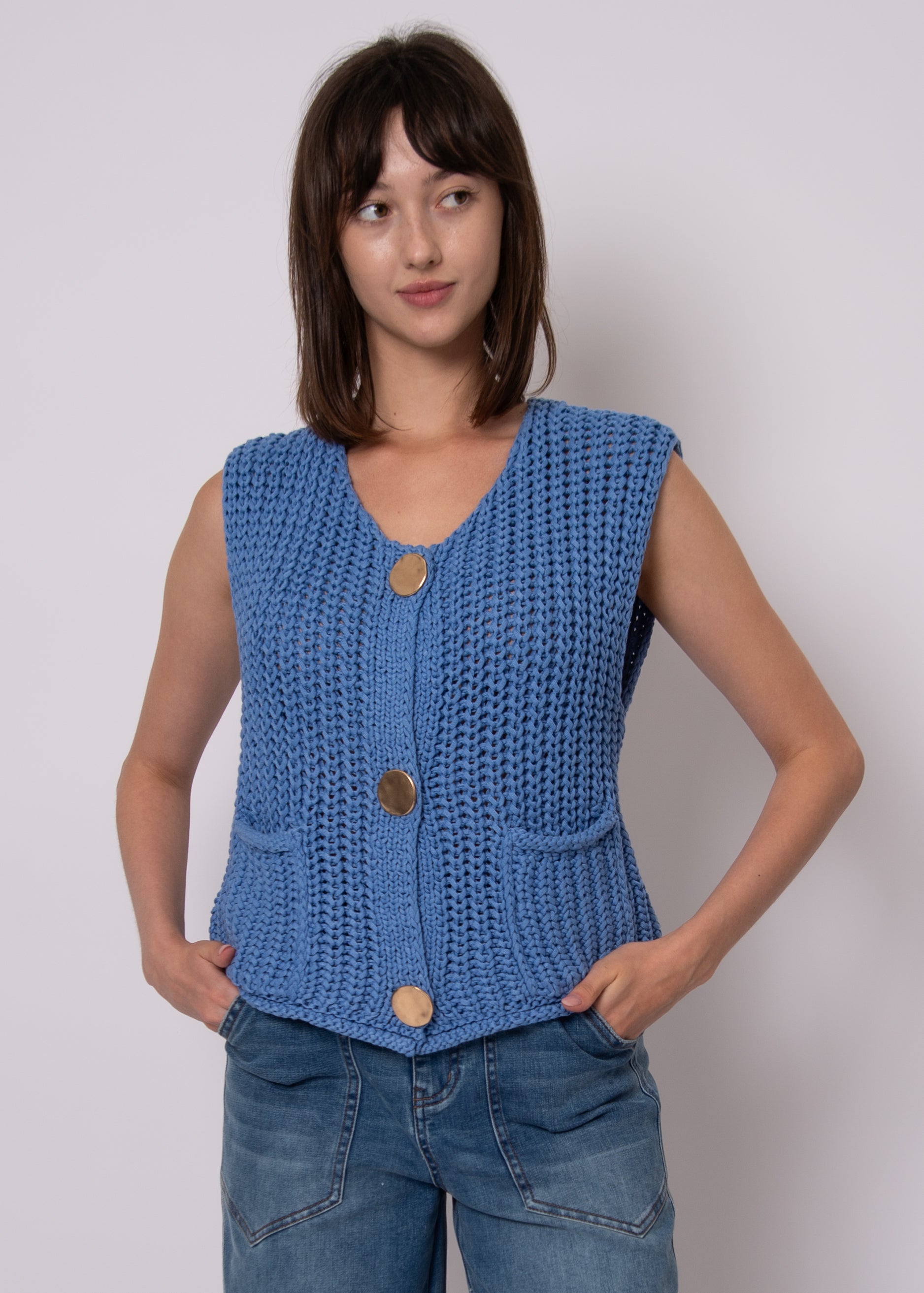 RD Style sleeveless V neck knit vest women with chunky sweater texture