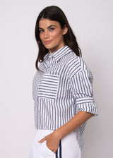 white navy stripe blouse women, breathable cotton striped shirt, women polished casual shirt