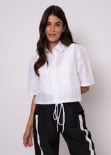 white poplin shirt women, white short sleeve button down, cropped white button up shirt, women white collared shirt, white cotton poplin blouse, white modern work shirt women
