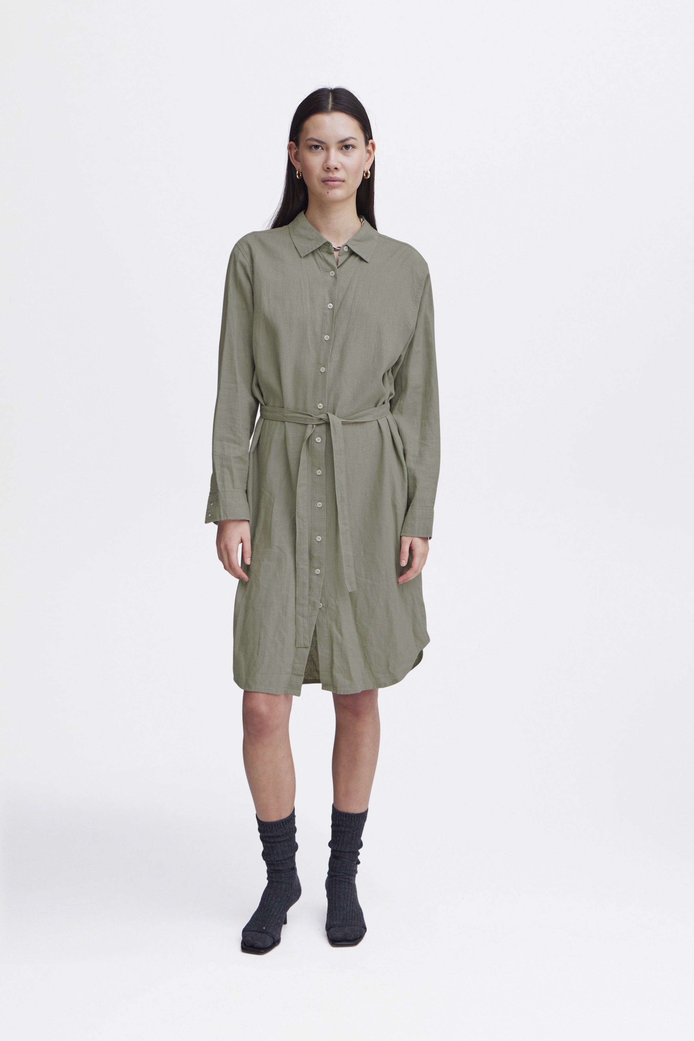 BUTTON DOWN MOSS LINEN DRESS Dress ICHI 