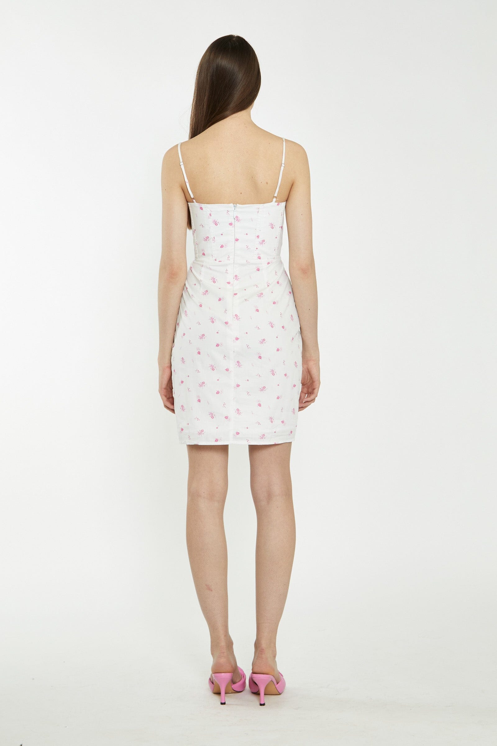 a ditsy floral printed bustier-style midi dress with adjustable straps